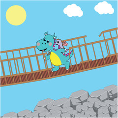 Dragon and Baby Dragon on a Bridge