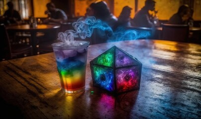  a glass of liquid and a rubik cube on a table.  generative ai