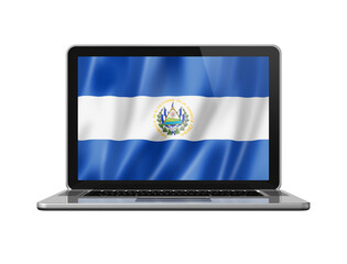 Salvadoran flag on laptop screen isolated on white. 3D illustration