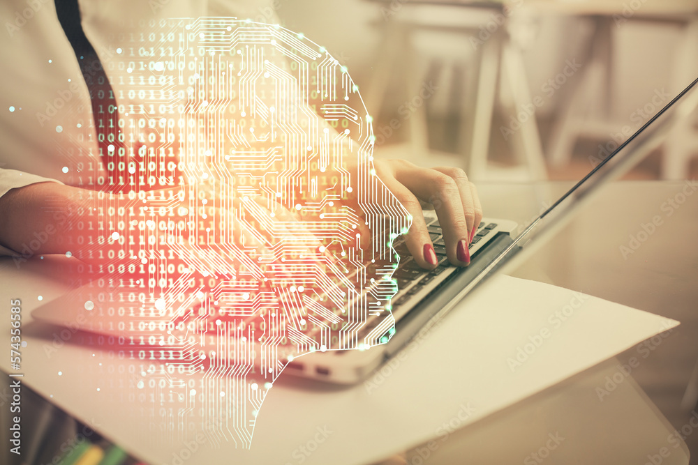 Poster multi exposure of woman hands working on computer and human brain hologram drawing. ai tech concept.