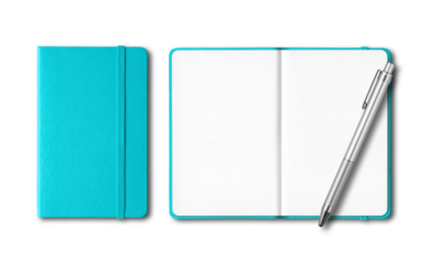 Blue closed and open notebooks with a pen isolated on transparent background