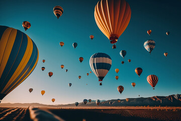 Fototapeta premium Colorful hot air balloons flying in bright blue. Travel and air transportation concept. Generative AI