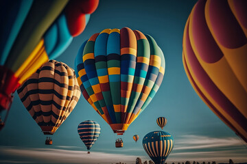 Obraz premium Colorful hot air balloons flying in bright blue. Travel and air transportation concept. Generative AI