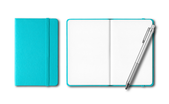 Blue closed and open notebooks with a pen isolated on transparent background