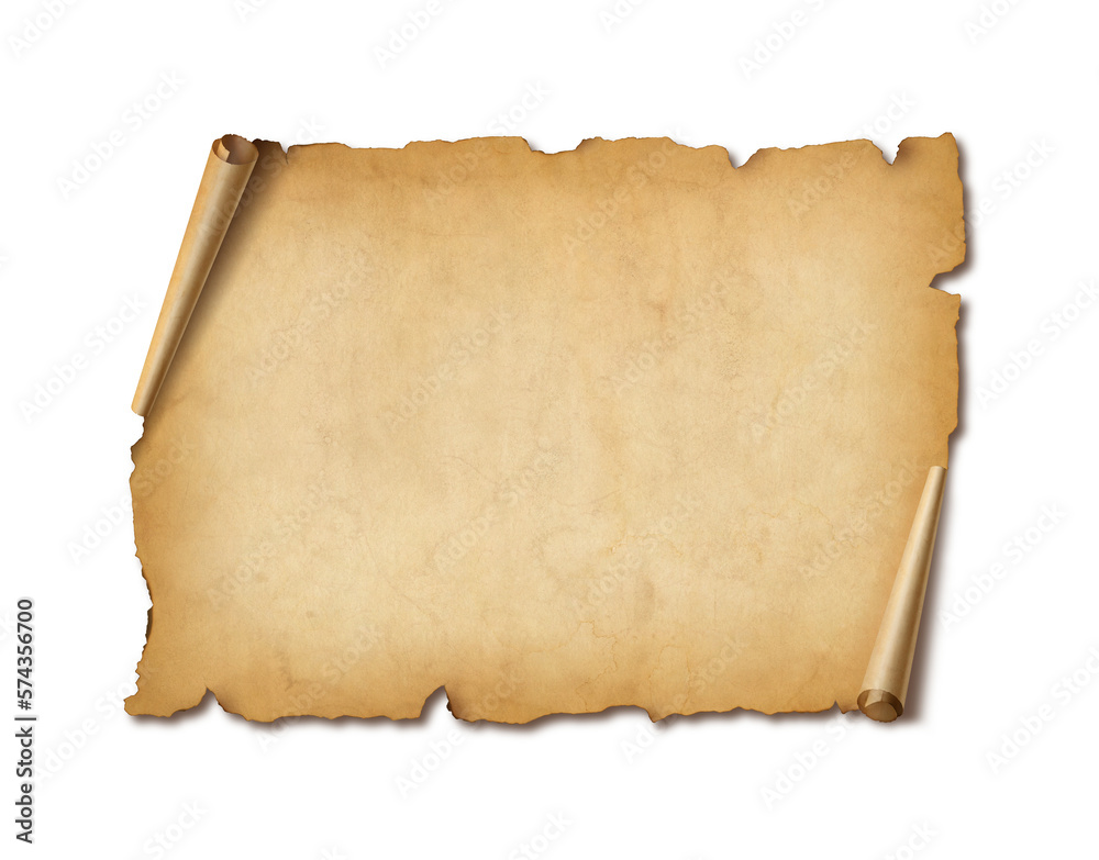 Poster Old mediaeval paper sheet. Horizontal parchment scroll isolated on white with shadow