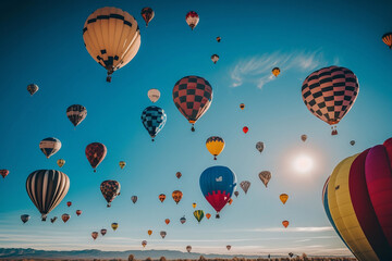 Colorful hot air balloons flying in bright blue. Travel and air transportation concept. Generative AI