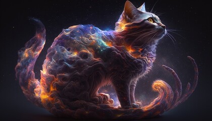 Celestial Cat Formed by Rays of Light of Different Colors Generated by AI