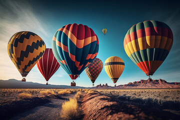 Obraz premium Colorful hot air balloons flying in bright blue. Travel and air transportation concept. Generative AI