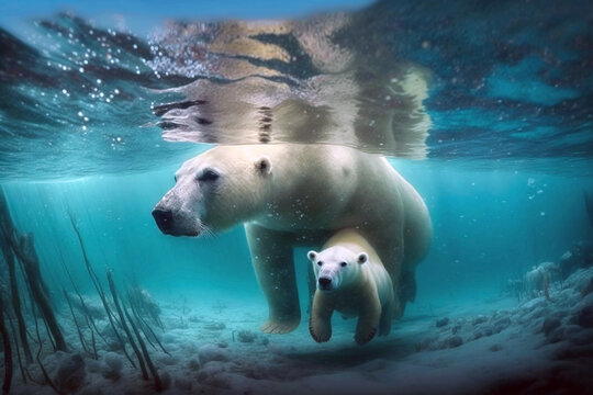 Polar Bear And Cubs Swimming Underwater. Generative AI