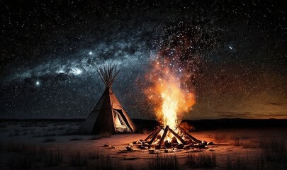  a teepee sitting in the middle of a field under a night sky filled with stars.  generative ai