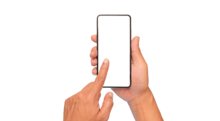 men's hand touching Empty mobile phone screen. for additional user interface. isolated image.