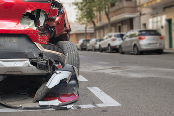 red car after an accident, the insurance for the car damaged in the accident.The front bumper of...