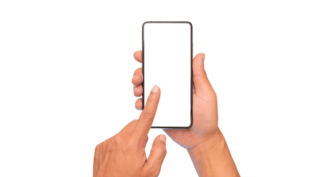 men's hand touching Empty mobile phone screen. for additional user interface. isolated image.