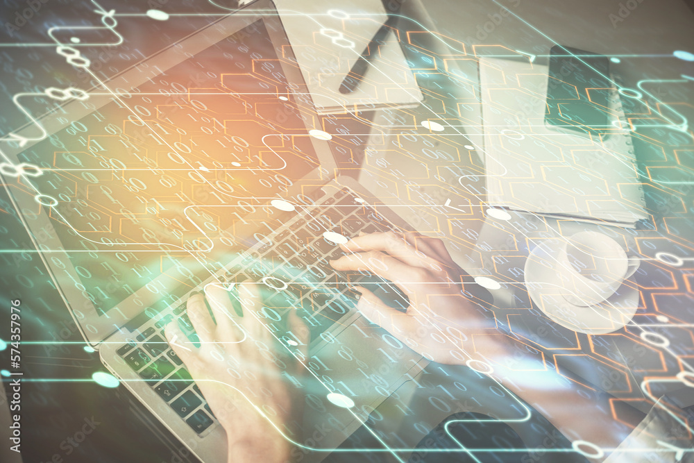 Poster Double exposure of woman hands working on computer and data theme hologram drawing. Tech concept.