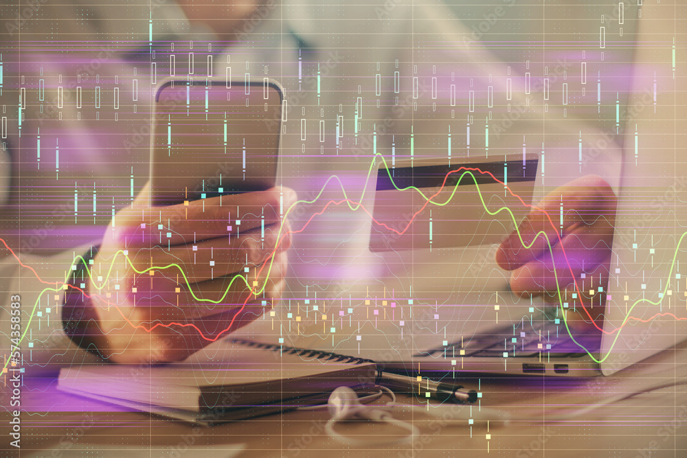 Poster double exposure of man hands holding a credit card and forex graph drawing. stock trading and digita
