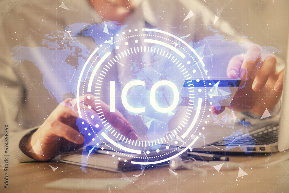 Poster double exposure of man hands holding a credit card and crypto business theme drawing. digital blockc