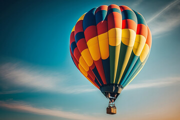 Obraz premium Colorful hot air balloon flying on sky. travel and air transportation concept - balloon carnival. Generative AI