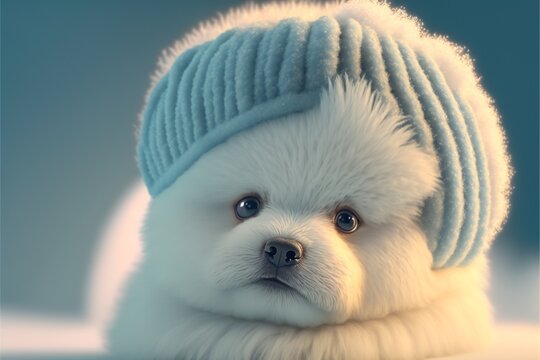 Small White Dog Wearing A Blue Hat