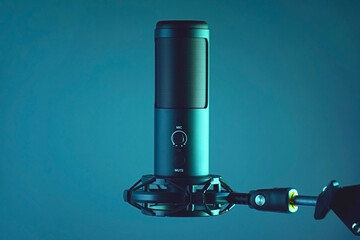 Studio condenser microphone isolated on dark background.
