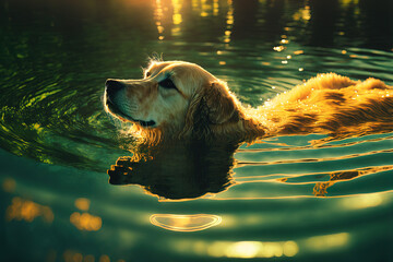 AI illustration of Golden Retriever swimming in pond