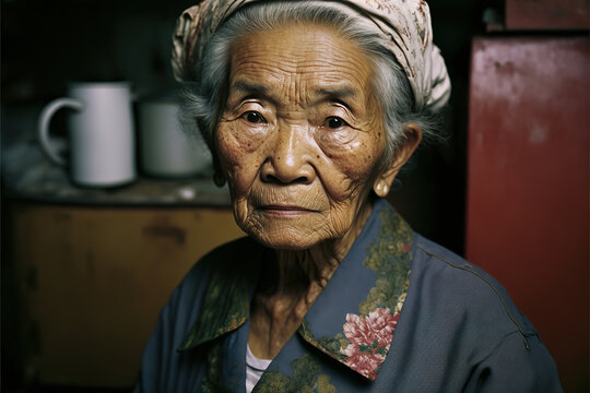 AI image of calm aged Asian woman in headgear