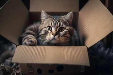Fototapeta na wymiar Portrait Cute grey tabby cat in cardboard box on floor at home photography made with Generative AI