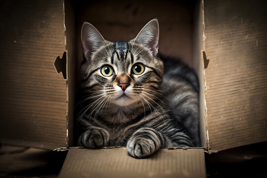 Portrait Cute grey tabby cat in cardboard box on floor at home photography made with Generative AI