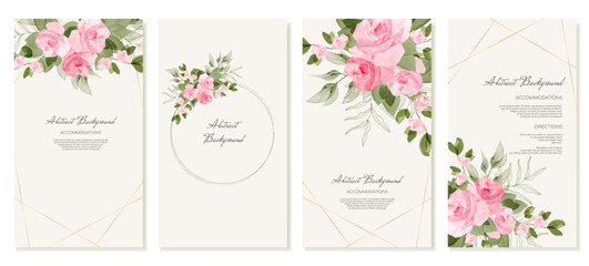 Elegant vertical templates for social media posts with watercolor pink roses with gold lines. Vector