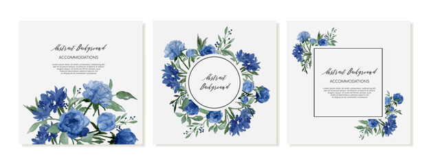 Set of square banners, social media posts with blue roses and peonies. Vector templates © IVONINA