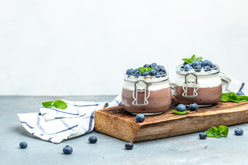 Delicious chocolate mousse or pudding with whipped cream. Chocolate panna cotta with blueberries. Chocolate pudding and greek yogurt parfait