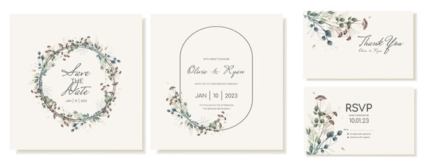Set of wedding cards with text frame and dried flowers. Vector template. Wedding square invitations in watercolor style.