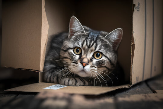 Portrait Cute grey tabby cat in cardboard box on floor at home photography made with Generative AI