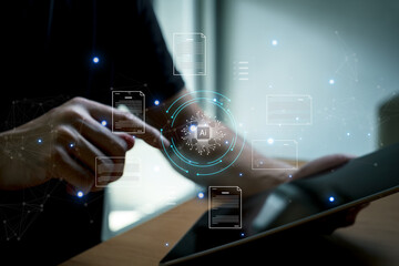 Fototapeta premium Selective focus at human hand while type or input a command to navigate chatbot or AI to get answer or information from big database. Artificial intelligence that can provide SEO or business info.