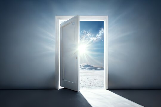 Open door with mountains and sun