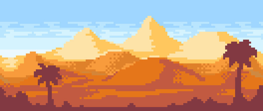 Pixel seamless background desert landscape palms cactus canyon tileable illustration asset game clouds blue bight sky sunny