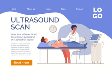 Man in office with doctor for ultrasound scan. Concept of health care, scheduled medical examination, diagnostics. Character flat cartoon illustration. Web template, landing page. Vector.