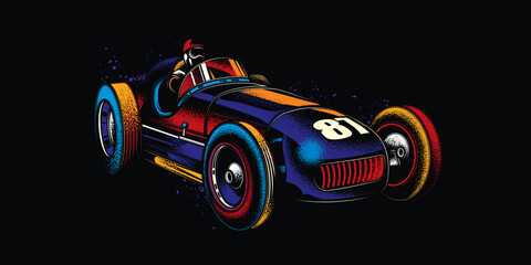 Fototapeta premium Original vector illustration in neon style. An old vintage racing car.