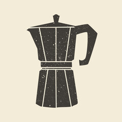 Italian coffee maker, espresso machine, mocha express.  Silhouette of a black moka pot is drawn with a stamp effect. Design element for shop, market, packaging, labels. Hand drawn vector illustration.