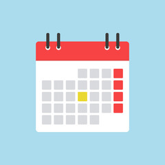 Calendar icon is in red. Calendar for marking an important date. Vector illustration in flat style. Isolated on a light blue background.