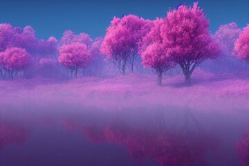 Naklejka na ściany i meble Fantasy landscape, purple trees, mountains. Generative AI