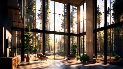 A Relaxing Interior Living Room with a Soothing View of Nature in the afternoon