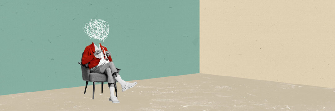Creative design in retro style. Contemporary art collage. Man in homewear sitting on chair and knitting. Tangled thoughts, relaxation and hobby. Surrealism, creativity, inspiration, imagination