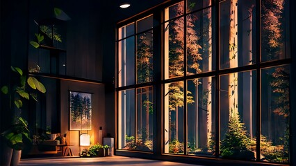 A Peaceful Living Room with a Serene Garden View at night