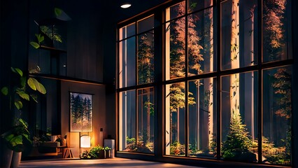 Fototapeta premium A Peaceful Living Room with a Serene Garden View at night