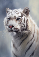 Portrait of a white tiger in the background of a snowy landscape. AI generated