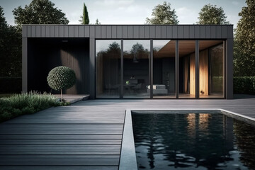 Modern black house with swimming pool and terrace in forest, Generative AI,
