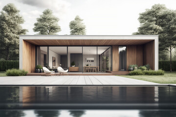 Exterior concept of a modern minimalist wooden stylish house; Generative AI