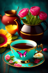 Fototapeta na wymiar This stunning turquoise green tea cup is embellished with a beautiful ornament. Created with generative AI.