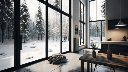 A Calming Living Room with a View of Nature from the Window in winter