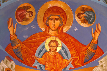 Chancel ceiling fresco in Pedoulas Orthodox church. Virgin and Child. Cyprus.